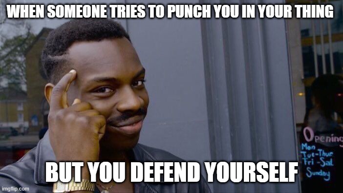 Roll Safe Think About It | WHEN SOMEONE TRIES TO PUNCH YOU IN YOUR THING; BUT YOU DEFEND YOURSELF | image tagged in memes,roll safe think about it | made w/ Imgflip meme maker