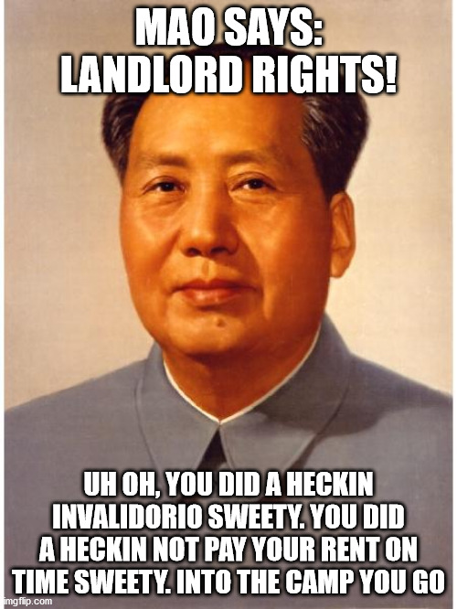 chairman mao | MAO SAYS: LANDLORD RIGHTS! UH OH, YOU DID A HECKIN INVALIDORIO SWEETY. YOU DID A HECKIN NOT PAY YOUR RENT ON TIME SWEETY. INTO THE CAMP YOU GO | image tagged in chairman mao | made w/ Imgflip meme maker