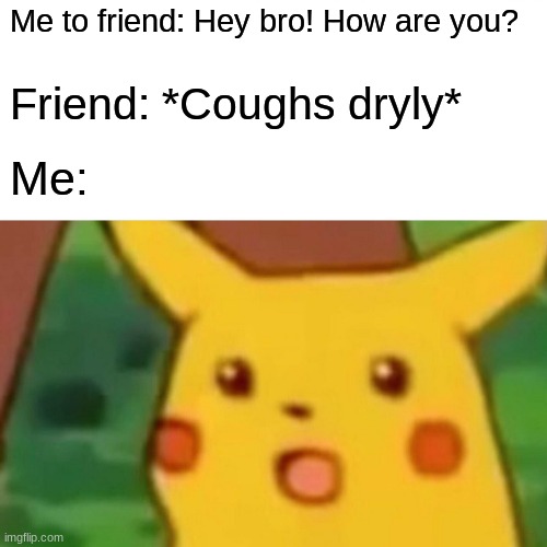 Stay at Home | Me to friend: Hey bro! How are you? Friend: *Coughs dryly*; Me: | image tagged in memes,surprised pikachu | made w/ Imgflip meme maker