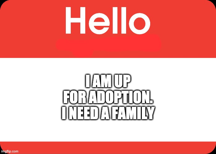Please adopt me. | I AM UP FOR ADOPTION. I NEED A FAMILY | image tagged in hello my name is | made w/ Imgflip meme maker