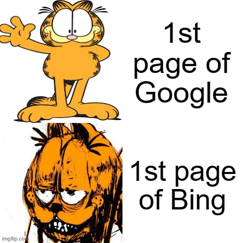 Google vs. Bing | 1st page of Google; 1st page of Bing | image tagged in memes,funny,garfield,google,bing | made w/ Imgflip meme maker