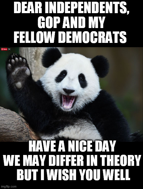 everyone | DEAR INDEPENDENTS, GOP AND MY FELLOW DEMOCRATS; HAVE A NICE DAY
WE MAY DIFFER IN THEORY  BUT I WISH YOU WELL | image tagged in have a nice day,be nice,old hippie | made w/ Imgflip meme maker