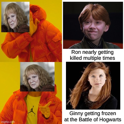 So true. I'll be posting more memes like this, so watch for 'em | Ron nearly getting killed multiple times; Ginny getting frozen at the Battle of Hogwarts | image tagged in memes,drake hotline bling | made w/ Imgflip meme maker