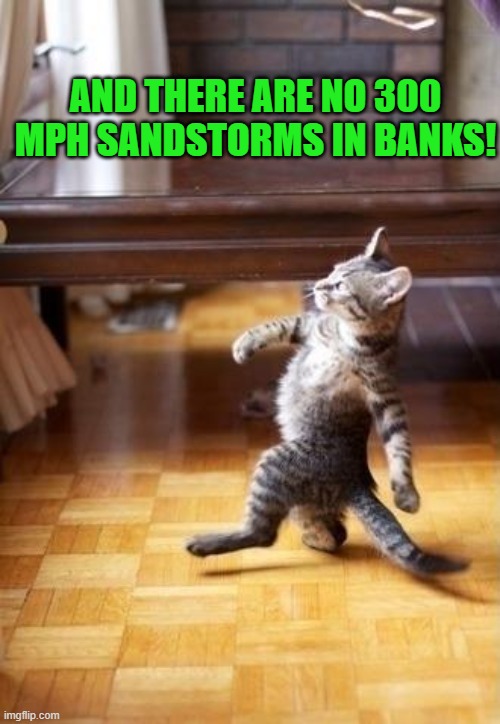 AND THERE ARE NO 300 MPH SANDSTORMS IN BANKS! | image tagged in proud kitty | made w/ Imgflip meme maker