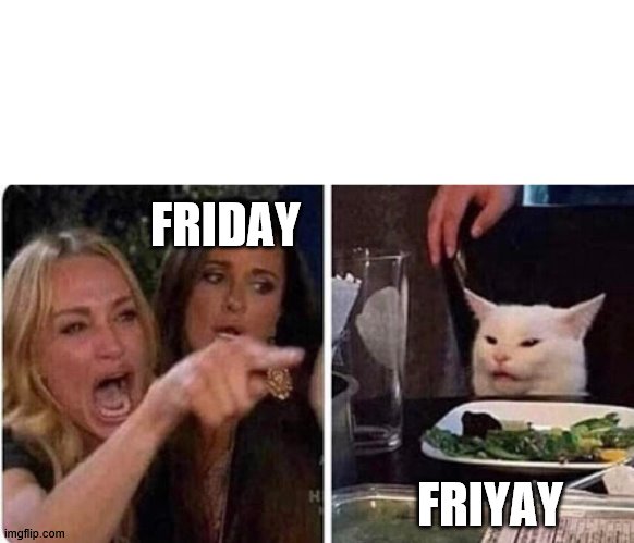 Friyay not Friday | FRIDAY; FRIYAY | image tagged in lady screams at cat | made w/ Imgflip meme maker