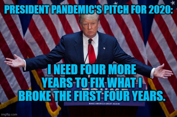 President Pandemic's Pitch | PRESIDENT PANDEMIC'S PITCH FOR 2020:; I NEED FOUR MORE YEARS TO FIX WHAT I BROKE THE FIRST FOUR YEARS. | image tagged in donald trump | made w/ Imgflip meme maker