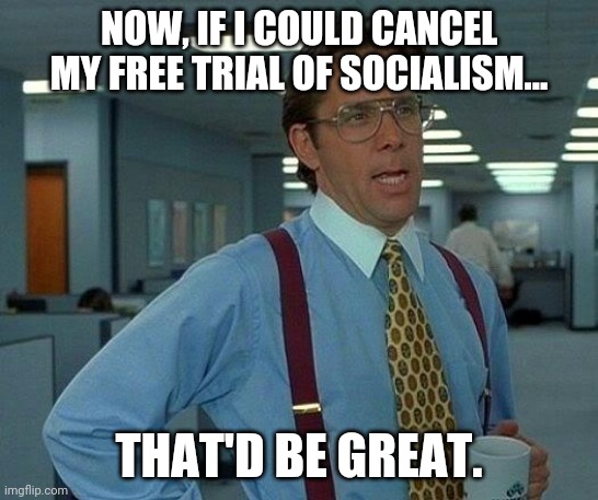 Cancel free trial of Socialism | NOW, IF I COULD CANCEL MY FREE TRIAL OF SOCIALISM... THAT'D BE GREAT. | image tagged in memes,that would be great | made w/ Imgflip meme maker