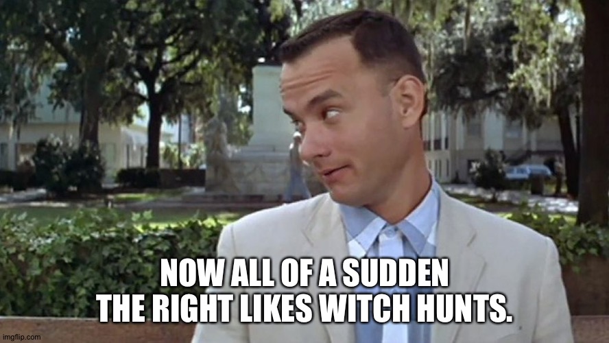 Forrest Gump Face | NOW ALL OF A SUDDEN THE RIGHT LIKES WITCH HUNTS. | image tagged in forrest gump face | made w/ Imgflip meme maker