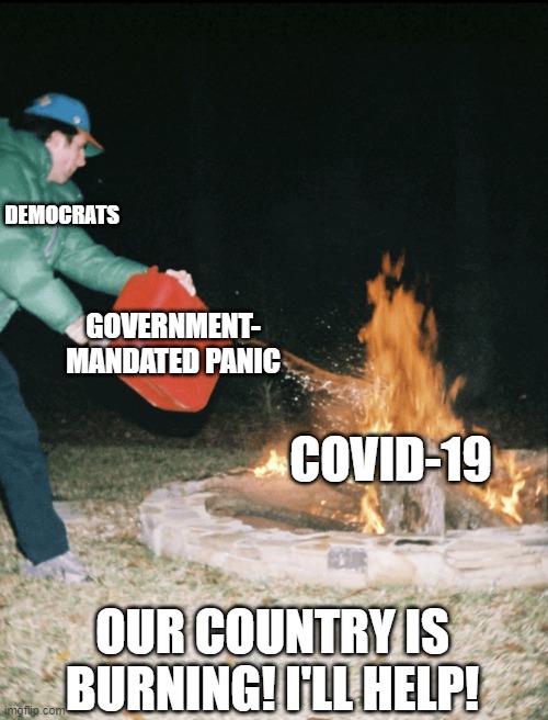 Democrats believe authoritarian measures can solve just about any problem. | DEMOCRATS; GOVERNMENT- MANDATED PANIC; COVID-19; OUR COUNTRY IS BURNING! I'LL HELP! | image tagged in fuel to the fire | made w/ Imgflip meme maker