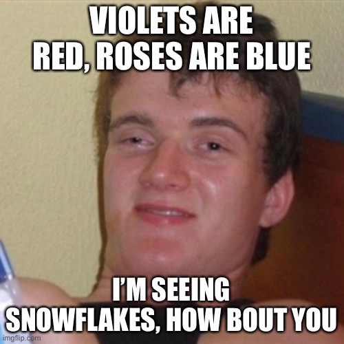 Oof | VIOLETS ARE RED, ROSES ARE BLUE; I’M SEEING SNOWFLAKES, HOW BOUT YOU | image tagged in high/drunk guy | made w/ Imgflip meme maker