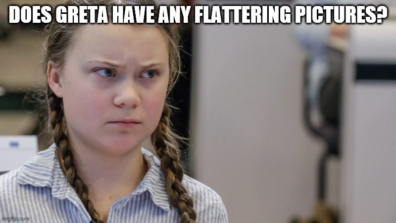 Pissedoff Greta | DOES GRETA HAVE ANY FLATTERING PICTURES? | image tagged in pissedoff greta | made w/ Imgflip meme maker