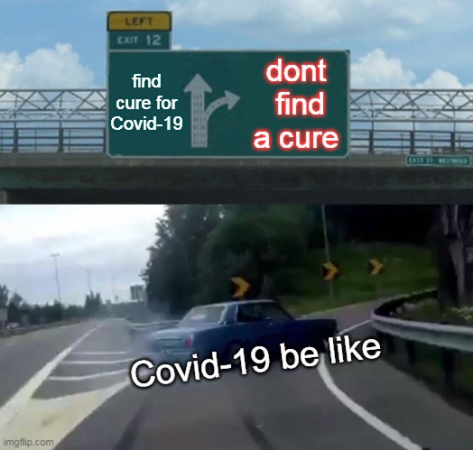 Left Exit 12 Off Ramp Meme | find cure for Covid-19; dont  find a cure; Covid-19 be like | image tagged in memes,left exit 12 off ramp | made w/ Imgflip meme maker
