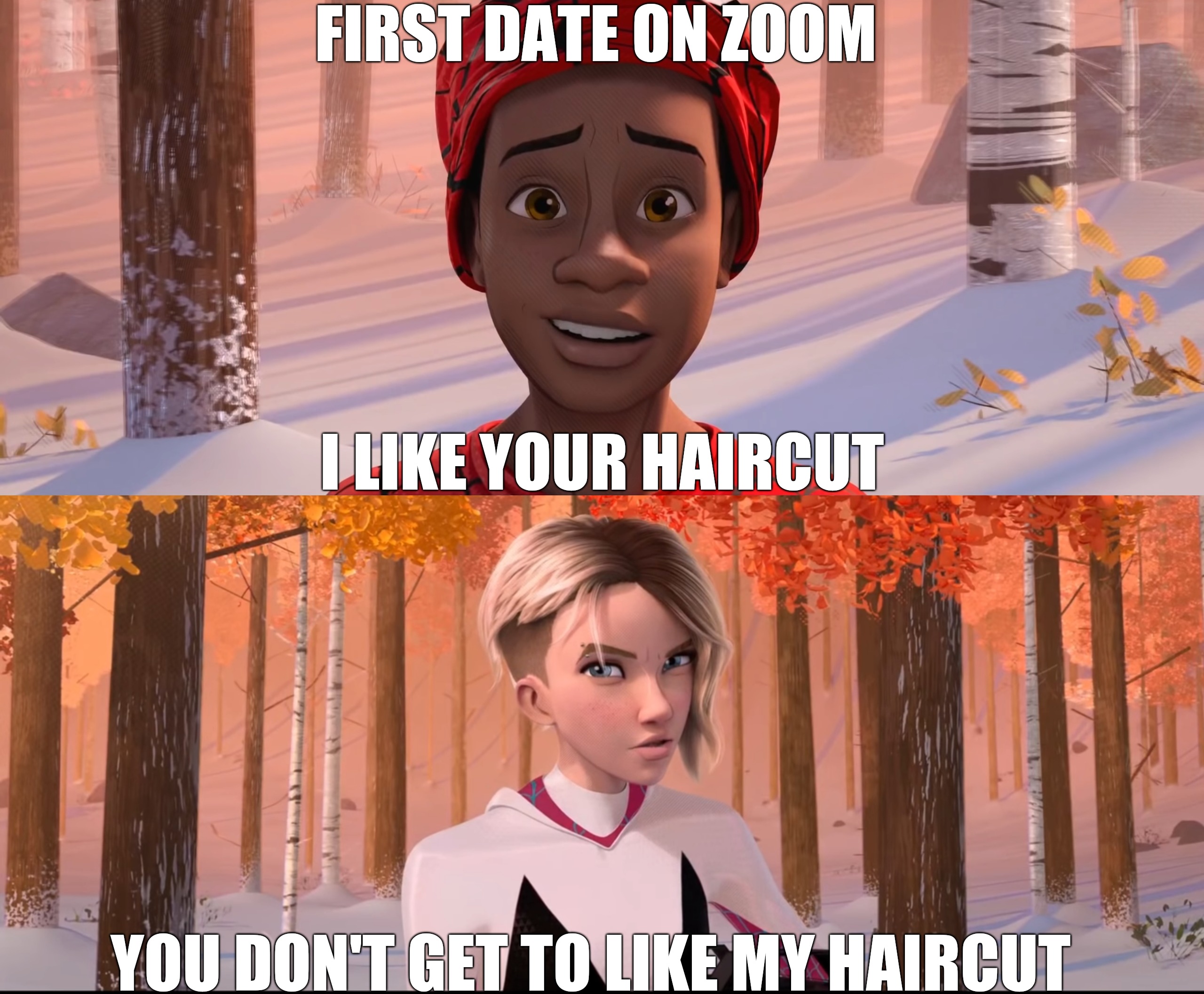 Spider Date | FIRST DATE ON ZOOM; I LIKE YOUR HAIRCUT; YOU DON'T GET TO LIKE MY HAIRCUT | image tagged in memes,funny,zoom,spiderman,spider-verse meme,dating | made w/ Imgflip meme maker