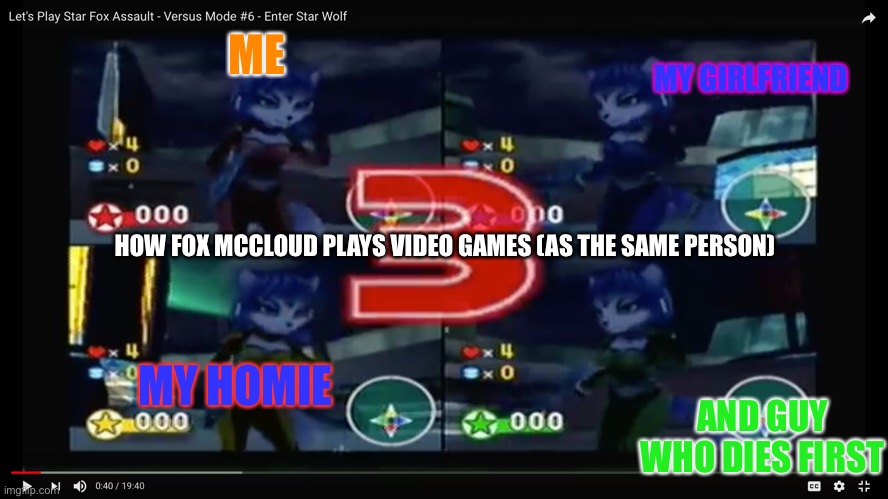 Fox and Friends | MY GIRLFRIEND; ME; HOW FOX MCCLOUD PLAYS VIDEO GAMES (AS THE SAME PERSON); MY HOMIE; AND GUY WHO DIES FIRST | image tagged in krystal of star fox,fox mccloud,falco lombardi | made w/ Imgflip meme maker