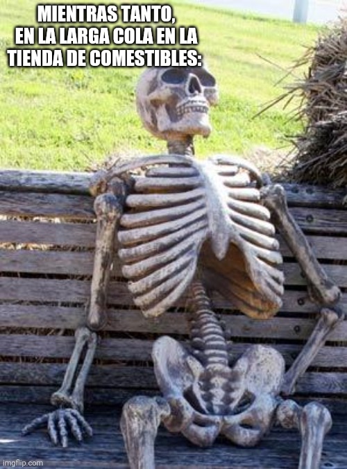 Waiting Skeleton | MIENTRAS TANTO, EN LA LARGA COLA EN LA TIENDA DE COMESTIBLES: | image tagged in memes,waiting skeleton | made w/ Imgflip meme maker