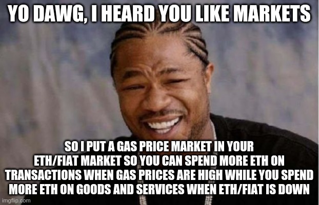 Yo dawg, I heard you like markets | YO DAWG, I HEARD YOU LIKE MARKETS; SO I PUT A GAS PRICE MARKET IN YOUR ETH/FIAT MARKET SO YOU CAN SPEND MORE ETH ON TRANSACTIONS WHEN GAS PRICES ARE HIGH WHILE YOU SPEND MORE ETH ON GOODS AND SERVICES WHEN ETH/FIAT IS DOWN | image tagged in memes,yo dawg heard you | made w/ Imgflip meme maker