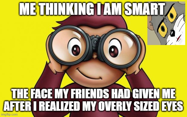 #BLIND | ME THINKING I AM SMART; THE FACE MY FRIENDS HAD GIVEN ME AFTER I REALIZED MY OVERLY SIZED EYES | image tagged in curious george | made w/ Imgflip meme maker