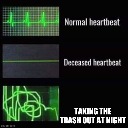 heartbeat rate | TAKING THE TRASH OUT AT NIGHT | image tagged in heartbeat rate | made w/ Imgflip meme maker