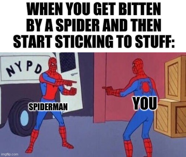 spiderman pointing at spiderman | WHEN YOU GET BITTEN BY A SPIDER AND THEN START STICKING TO STUFF:; SPIDERMAN; YOU | image tagged in spiderman pointing at spiderman | made w/ Imgflip meme maker