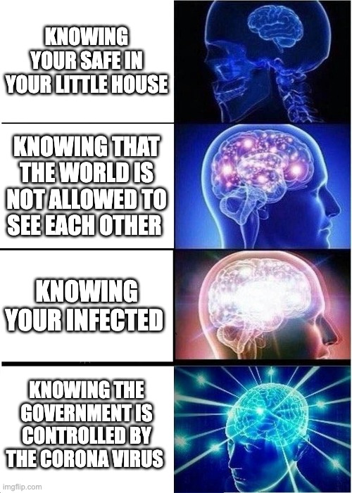 Knowing | KNOWING YOUR SAFE IN YOUR LITTLE HOUSE; KNOWING THAT THE WORLD IS NOT ALLOWED TO SEE EACH OTHER; KNOWING YOUR INFECTED; KNOWING THE GOVERNMENT IS CONTROLLED BY THE CORONA VIRUS | image tagged in memes,expanding brain | made w/ Imgflip meme maker