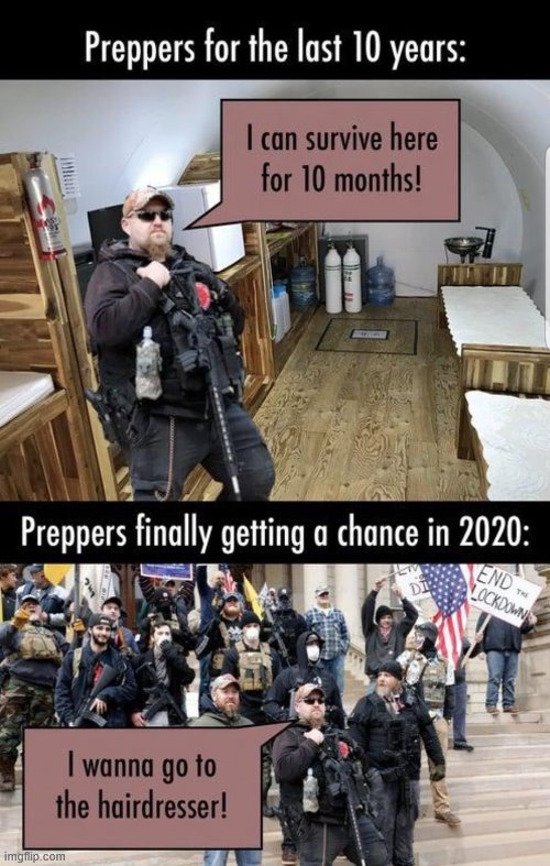 lol. They did not have the survival skills we actually needed: Like budgeting, cooking, and mental resilience. | image tagged in covid-19,coronavirus,prepping,conservative logic,protesters,repost | made w/ Imgflip meme maker