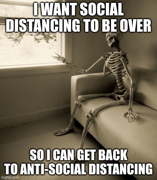 This is killing me | I WANT SOCIAL DISTANCING TO BE OVER; SO I CAN GET BACK TO ANTI-SOCIAL DISTANCING | image tagged in lonely skeleton | made w/ Imgflip meme maker