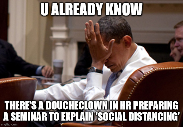 Obama Facepalm | U ALREADY KNOW; THERE'S A DOUCHECLOWN IN HR PREPARING A SEMINAR TO EXPLAIN 'SOCIAL DISTANCING' | image tagged in obama facepalm | made w/ Imgflip meme maker