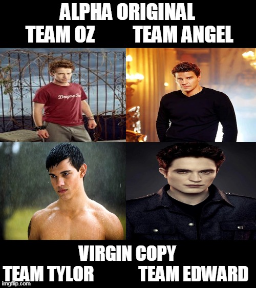 Vampires and werewolf ain't the same any more | ALPHA ORIGINAL
 TEAM OZ          TEAM ANGEL; VIRGIN COPY
TEAM TYLOR             TEAM EDWARD | image tagged in buffy the vampire slayer | made w/ Imgflip meme maker