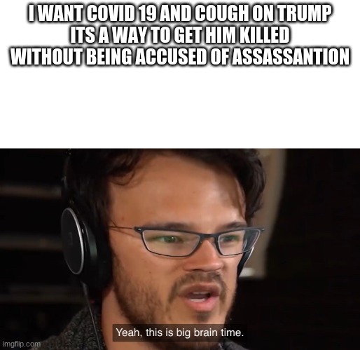 Yeah, this is big brain time | I WANT COVID 19 AND COUGH ON TRUMP
ITS A WAY TO GET HIM KILLED WITHOUT BEING ACCUSED OF ASSASSANTION | image tagged in yeah this is big brain time | made w/ Imgflip meme maker