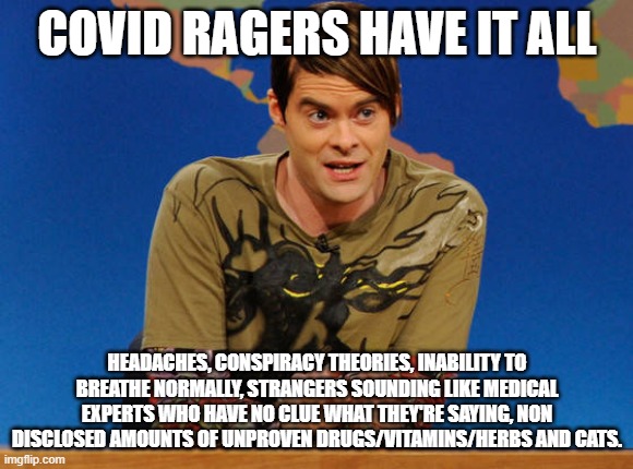 COVID Ragers | COVID RAGERS HAVE IT ALL; HEADACHES, CONSPIRACY THEORIES, INABILITY TO BREATHE NORMALLY, STRANGERS SOUNDING LIKE MEDICAL EXPERTS WHO HAVE NO CLUE WHAT THEY'RE SAYING, NON DISCLOSED AMOUNTS OF UNPROVEN DRUGS/VITAMINS/HERBS AND CATS. | image tagged in stephon | made w/ Imgflip meme maker