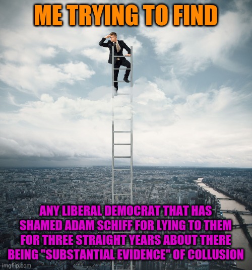 But, But.....Trump | ME TRYING TO FIND; ANY LIBERAL DEMOCRAT THAT HAS SHAMED ADAM SCHIFF FOR LYING TO THEM FOR THREE STRAIGHT YEARS ABOUT THERE BEING "SUBSTANTIAL EVIDENCE" OF COLLUSION | image tagged in searching,adam schiff,hoax,russia,politics | made w/ Imgflip meme maker