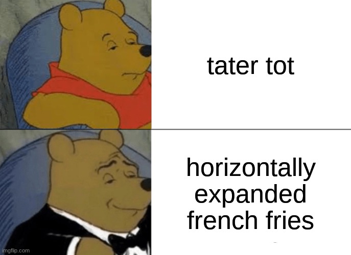 Tuxedo Winnie The Pooh Meme | tater tot; horizontally expanded french fries | image tagged in memes,tuxedo winnie the pooh | made w/ Imgflip meme maker