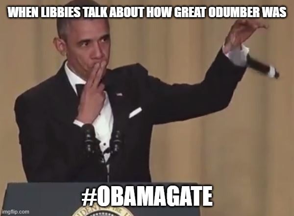The biggest "gate" of all the gates ever. | WHEN LIBBIES TALK ABOUT HOW GREAT ODUMBER WAS; #OBAMAGATE | image tagged in obama mic drop,deep state,crooked obama,obama the sham,keep america great | made w/ Imgflip meme maker