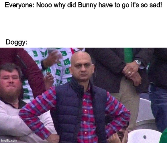 Roblox memes #30 | Everyone: Nooo why did Bunny have to go it's so sad! Doggy: | image tagged in angry pakistani fan | made w/ Imgflip meme maker
