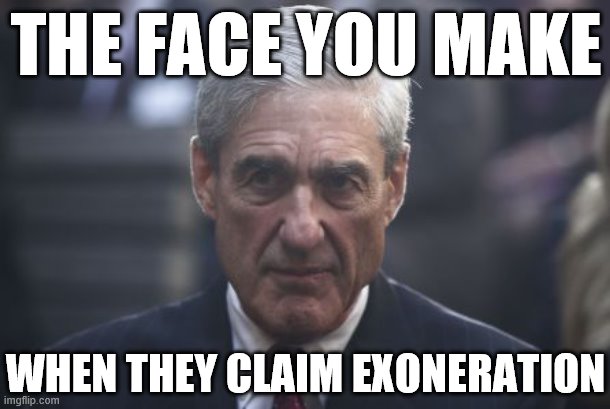 Self-explanatory. | THE FACE YOU MAKE; WHEN THEY CLAIM EXONERATION | image tagged in mueller,mueller time,robert mueller,russiagate,election 2016,the face you make when | made w/ Imgflip meme maker