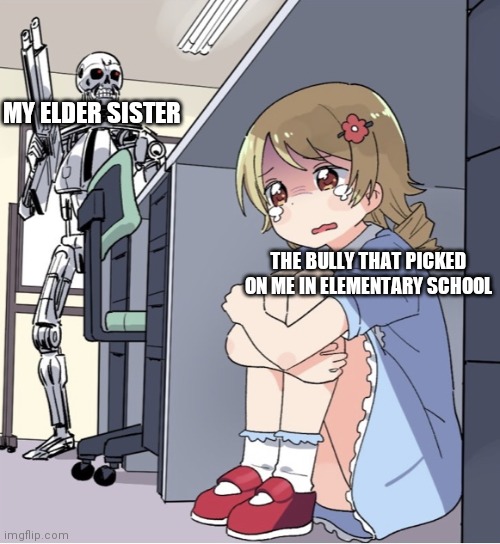 Thanks sis | MY ELDER SISTER; THE BULLY THAT PICKED ON ME IN ELEMENTARY SCHOOL | image tagged in anime girl hiding from terminator,bullying,siblings | made w/ Imgflip meme maker