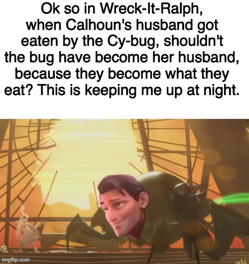 Ok so in Wreck-It-Ralph, when Calhoun's husband got eaten by the Cy-bug, shouldn't the bug have become her husband, because they become what they eat? This is keeping me up at night. | image tagged in blank white template | made w/ Imgflip meme maker