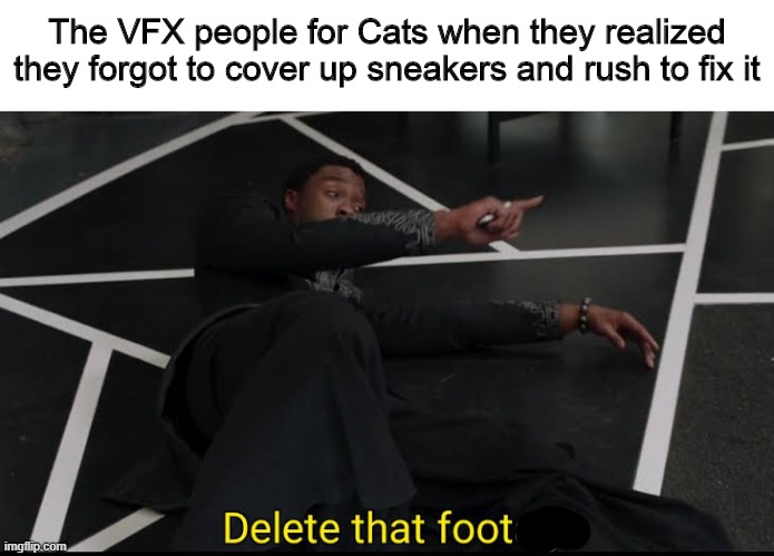 Delete that footage | The VFX people for Cats when they realized they forgot to cover up sneakers and rush to fix it | image tagged in delete that footage,black panther | made w/ Imgflip meme maker