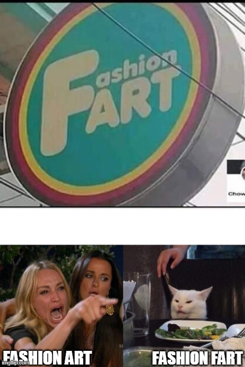 FASHION ART; FASHION FART | image tagged in memes,woman yelling at cat | made w/ Imgflip meme maker