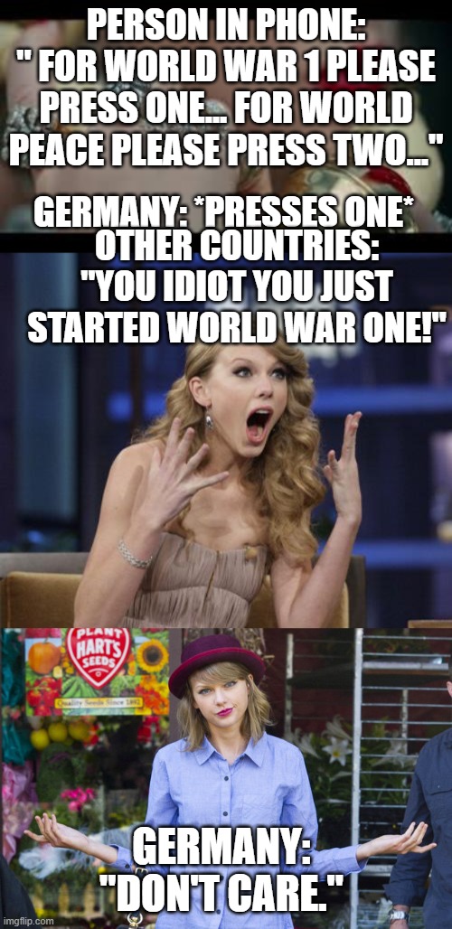 PERSON IN PHONE: " FOR WORLD WAR 1 PLEASE PRESS ONE... FOR WORLD PEACE PLEASE PRESS TWO..."; GERMANY: *PRESSES ONE*; OTHER COUNTRIES: "YOU IDIOT YOU JUST STARTED WORLD WAR ONE!"; GERMANY: "DON'T CARE." | image tagged in taylor swift,i'm sorry the old taylor swift can't come to the phone right now,taylor swift shrug | made w/ Imgflip meme maker
