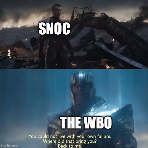 Thanos you could not live with your own failure | SNOC; THE WBO | image tagged in thanos you could not live with your own failure | made w/ Imgflip meme maker