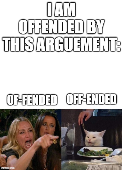 I AM OFFENDED BY THIS ARGUEMENT:; OF-FENDED; OFF-ENDED | image tagged in blank white template,memes,woman yelling at cat | made w/ Imgflip meme maker
