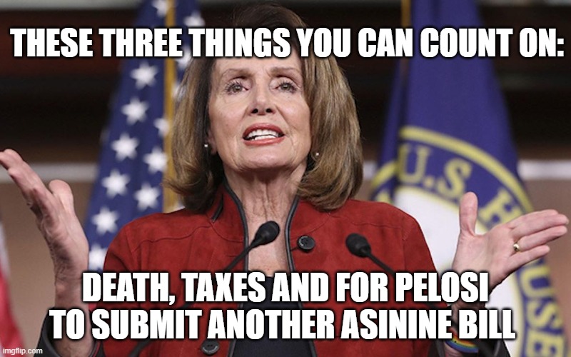 Nancy Pelosi Pontificating | THESE THREE THINGS YOU CAN COUNT ON:; DEATH, TAXES AND FOR PELOSI TO SUBMIT ANOTHER ASININE BILL | image tagged in nancy pelosi pontificating | made w/ Imgflip meme maker