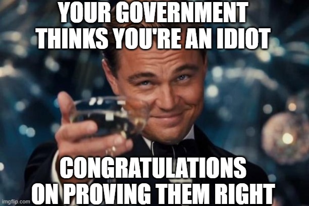 Leonardo Dicaprio Cheers Meme | YOUR GOVERNMENT THINKS YOU'RE AN IDIOT; CONGRATULATIONS ON PROVING THEM RIGHT | image tagged in memes,leonardo dicaprio cheers | made w/ Imgflip meme maker