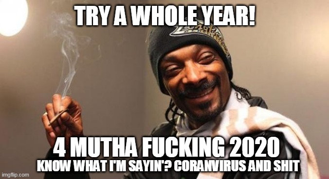 Snoop Dogg | TRY A WHOLE YEAR! 4 MUTHA FUCKING 2020 KNOW WHAT I'M SAYIN'? CORANVIRUS AND SHIT | image tagged in snoop dogg,420,coronavirus,2020,lockdown,fuck that shit | made w/ Imgflip meme maker