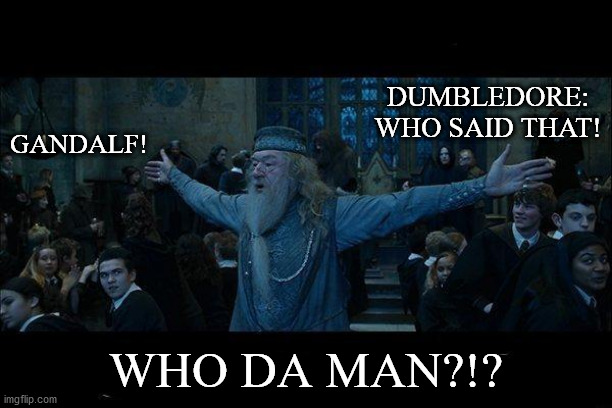 Dumbledore | DUMBLEDORE: WHO SAID THAT! GANDALF! WHO DA MAN?!? | image tagged in dumbledore | made w/ Imgflip meme maker