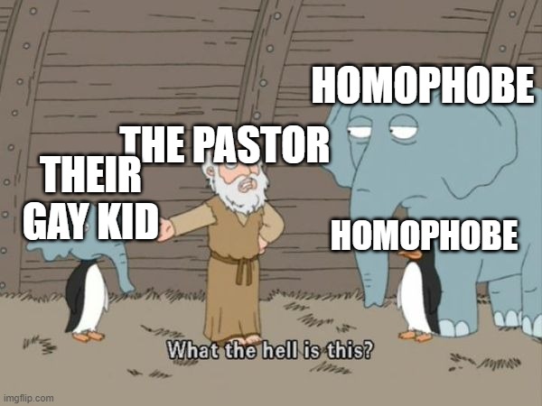 What the hell is this? | HOMOPHOBE; THE PASTOR; THEIR GAY KID; HOMOPHOBE | image tagged in what the hell is this | made w/ Imgflip meme maker