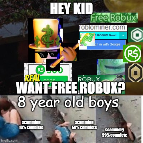 Robux Scam Meme |  HEY KID; WANT FREE ROBUX? 8 year old boys; scamming 60% complete; scamming 10% complete; scamming 99% complete | image tagged in scam,scammers,internet scam,scammer,robux,roblox | made w/ Imgflip meme maker