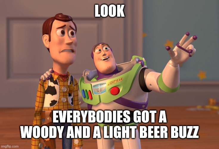 X, X Everywhere Meme | LOOK; EVERYBODIES GOT A WOODY AND A LIGHT BEER BUZZ | image tagged in memes,x x everywhere | made w/ Imgflip meme maker