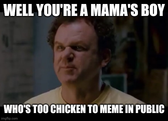 Step brothers | WELL YOU'RE A MAMA'S BOY; WHO'S TOO CHICKEN TO MEME IN PUBLIC | image tagged in step brothers,memes,savage memes,funny | made w/ Imgflip meme maker